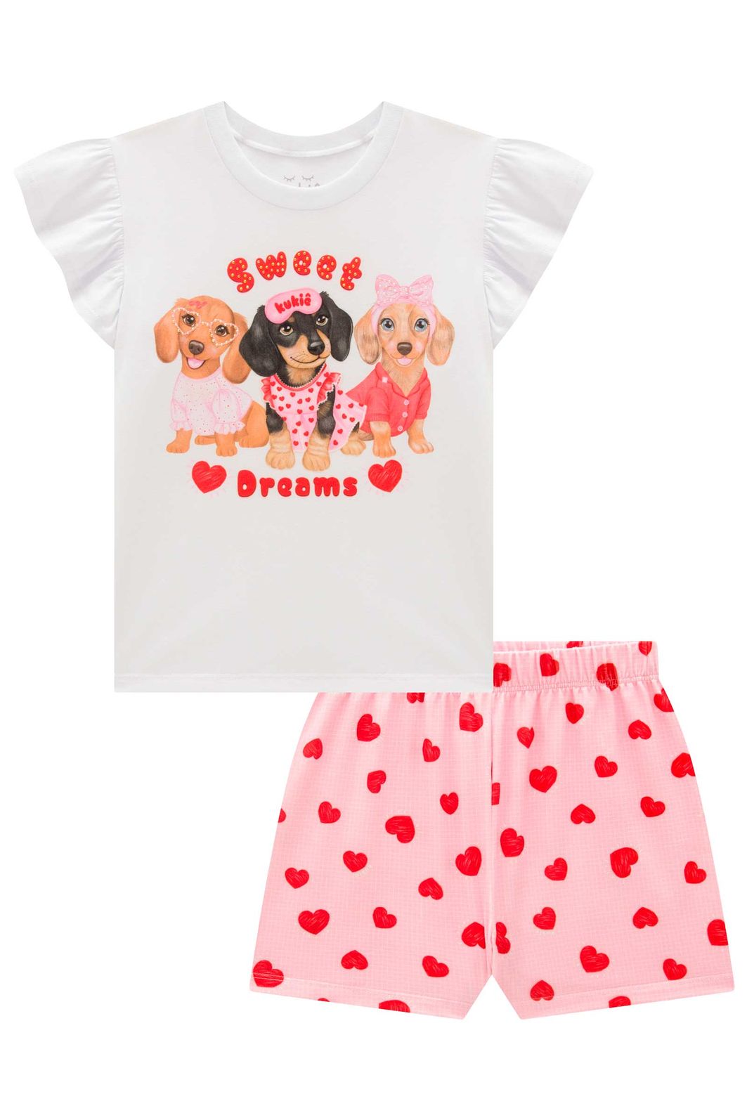 Conjunto de pijama de blusa em meia malha e shorts em malha comfy 99705 Kukiê Infantil Menina