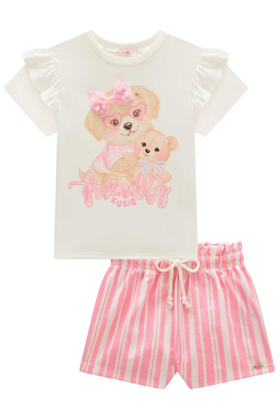 Conjunto de blusa em meia malha e shorts em linho listrado 99447 Kukiê Infantil Menina