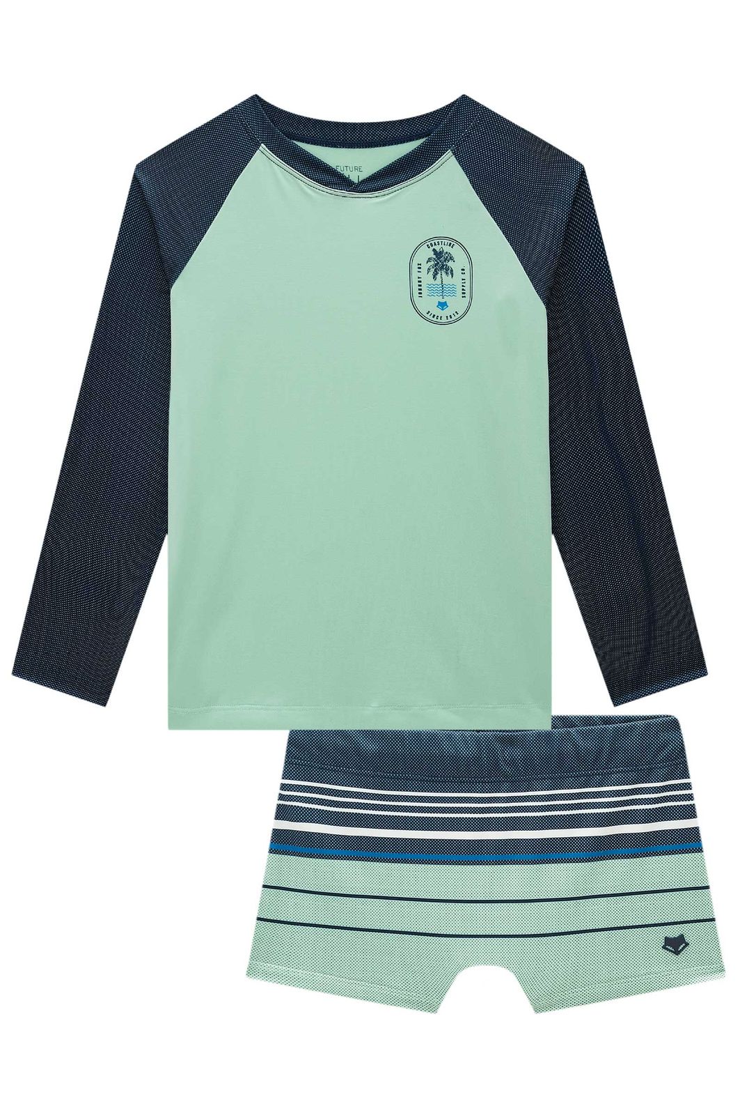 Conjunto de camiseta e sunga em malha uv dry com proteção UV50+ 99037 Johnny Fox Teen Menino Conjunto de camiseta e sunga em malha uv dry com proteção UV50+ 99037 Johnny Fox Teen Menino