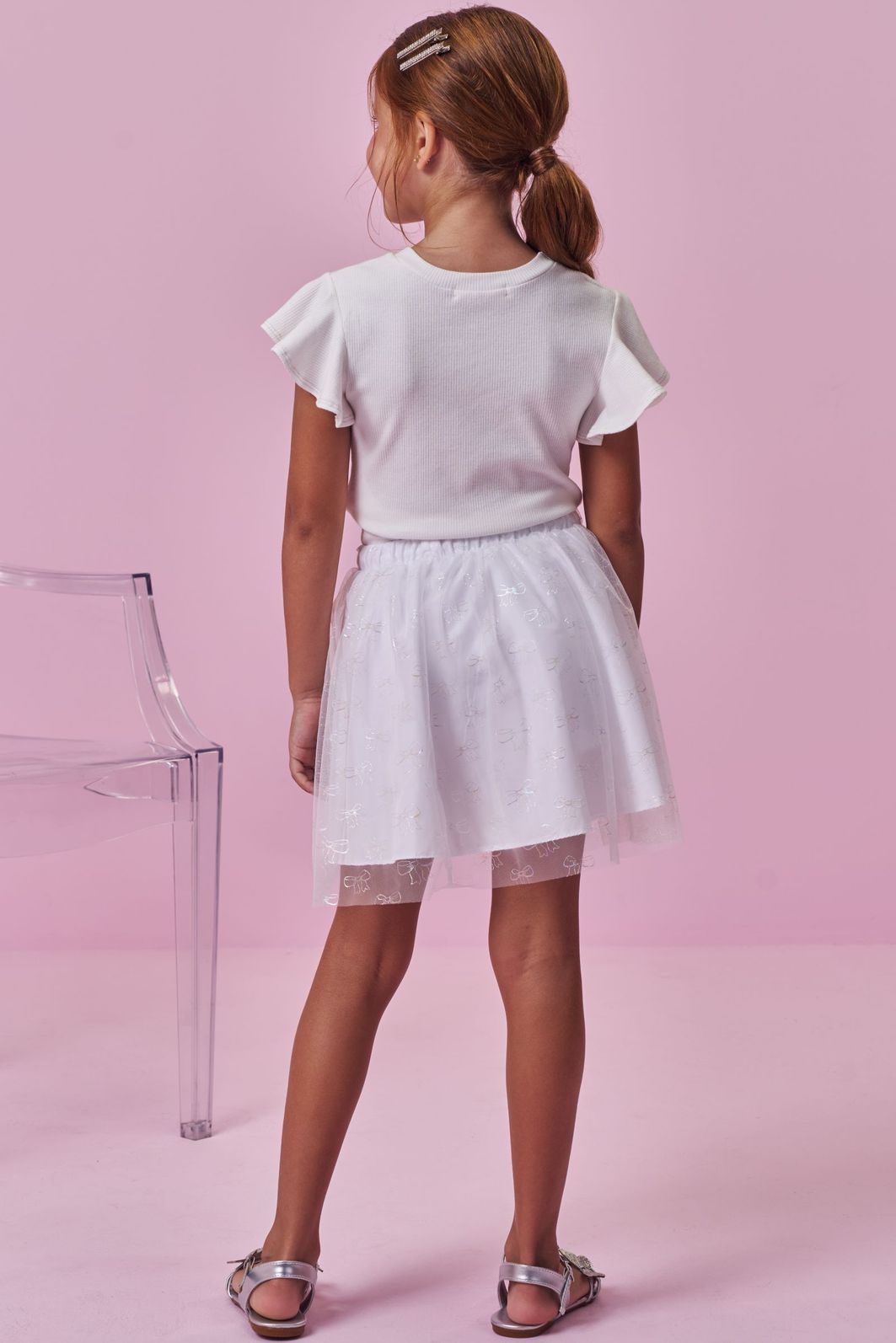Conjunto de blusa em canelado e saia em tule laços (com shorts embutido) 98703 Kukiê Infantil Menina Conjunto de blusa em canelado e saia em tule laços (com shorts embutido) 98703 Kukiê Infantil Menina