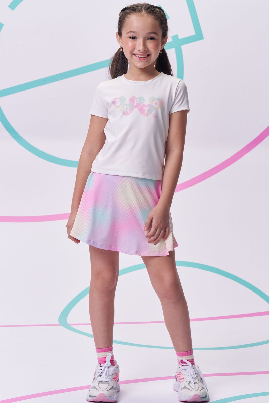 Conjunto de blusa em malha UV50 e saia em malha yuki com shorts embutido 96539 Vic Teen Menina Conjunto de blusa em malha UV50 e saia em malha yuki com shorts embutido 96539 Vic Teen Menina