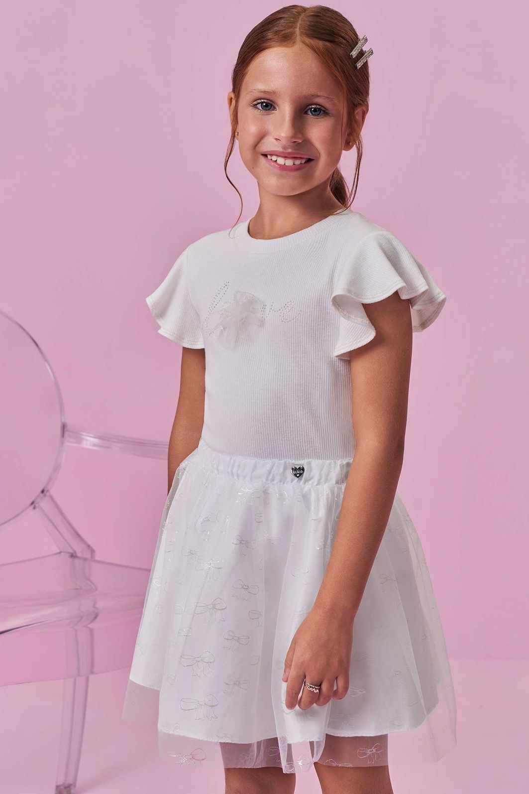 Conjunto de blusa em canelado e saia em tule laços (com shorts embutido) 98703 Kukiê Infantil Menina Conjunto de blusa em canelado e saia em tule laços (com shorts embutido) 98703 Kukiê Infantil Menina