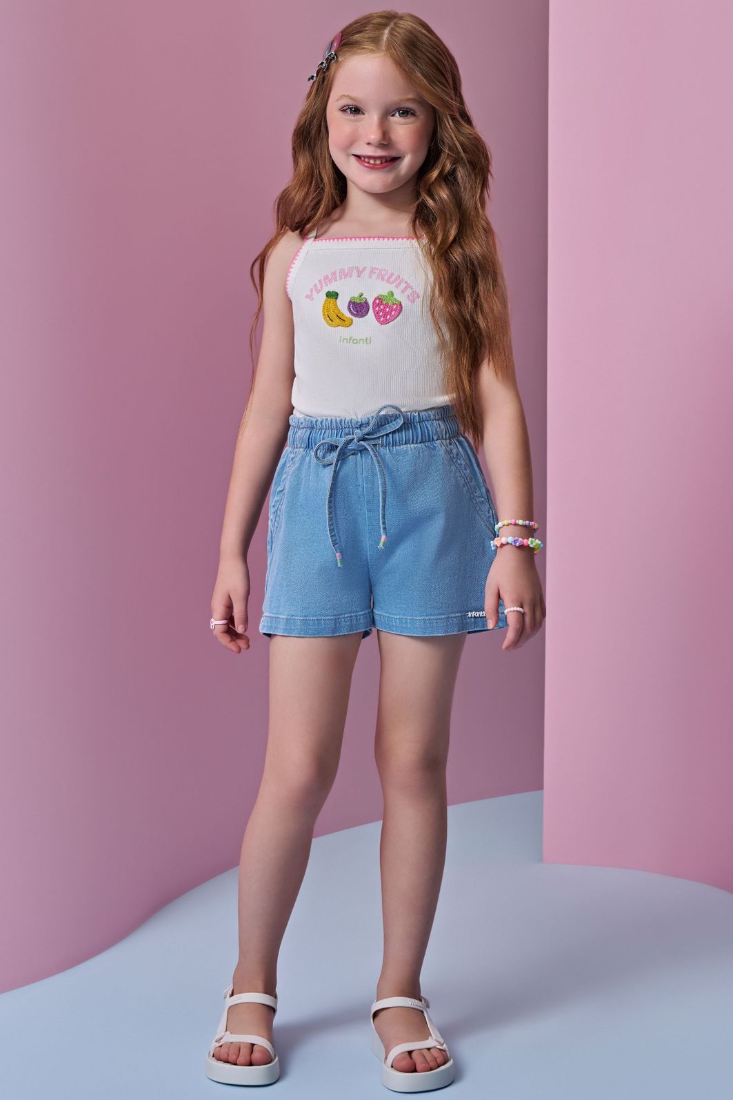 Conjunto de regata em canelado liz e shorts em jeans com elastano 95563 Infanti Infantil Menina