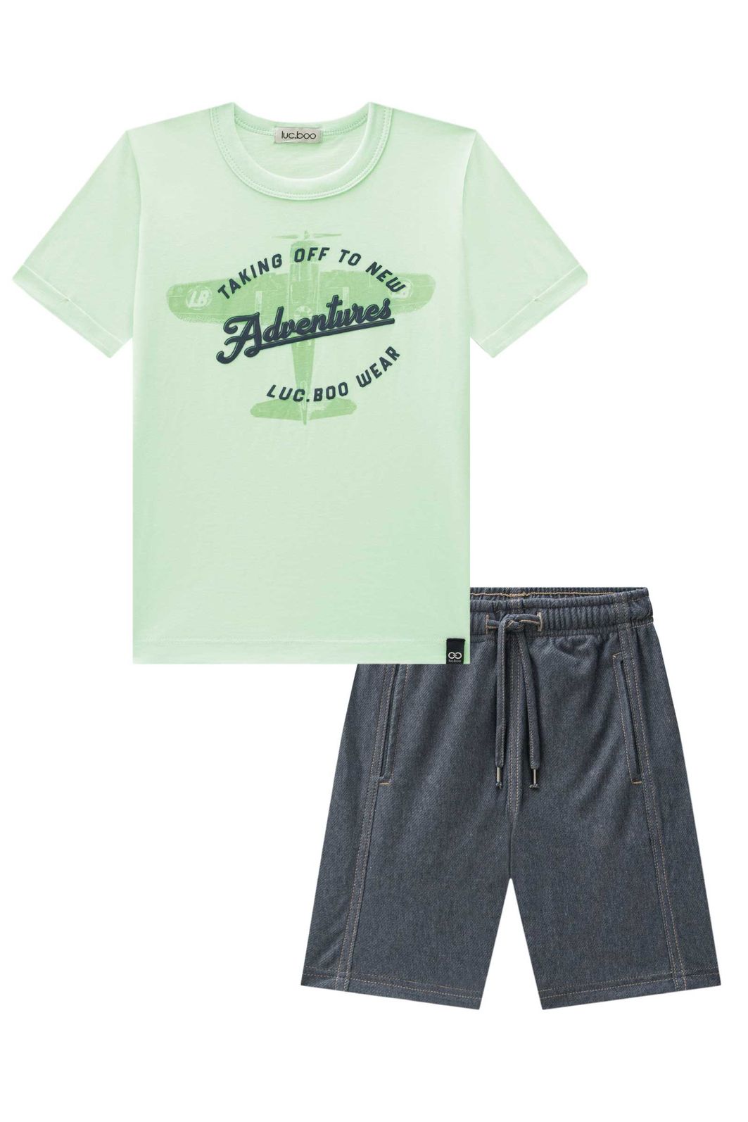 Conjunto de camiseta em meia malha e bermuda em cotton jeans com elastano 94571 LucBoo Infantil Menino Conjunto de camiseta em meia malha e bermuda em cotton jeans com elastano 94571 LucBoo Infantil Menino