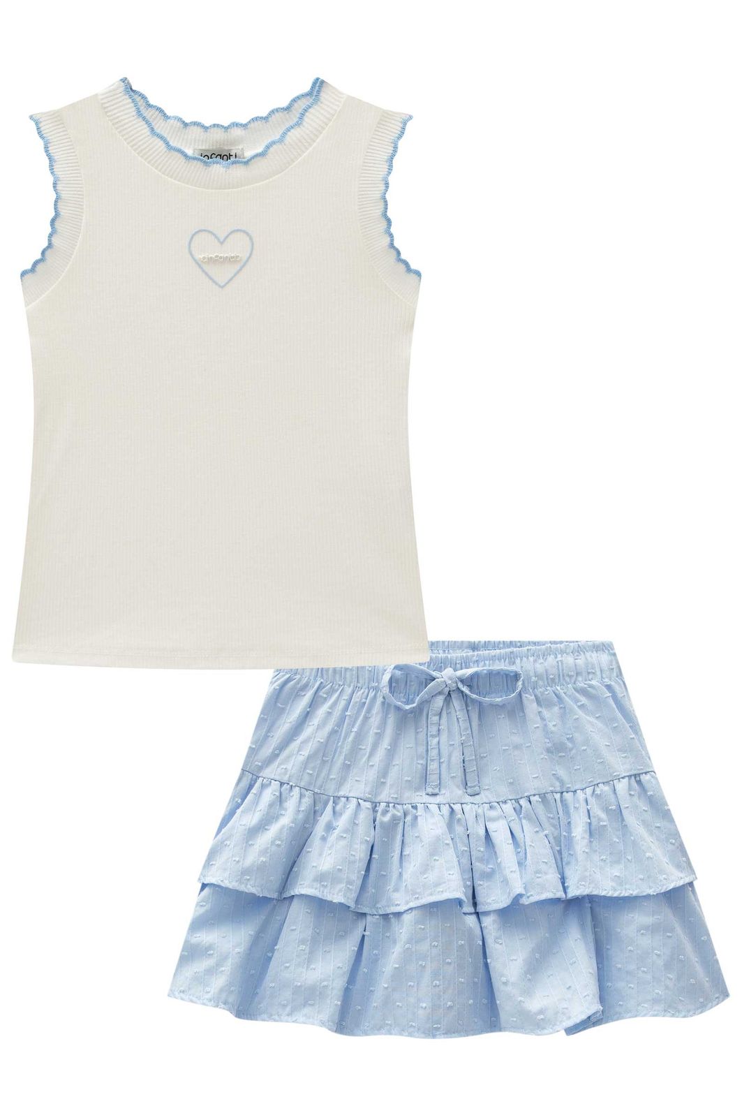 Conjunto de regata em canelado liz e saia em tricoline maquinetado. Com shorts embutido. 96968 Infanti Infantil Menina Conjunto de regata em canelado liz e saia em tricoline maquinetado. Com shorts embutido. 96968 Infanti Infantil Menina