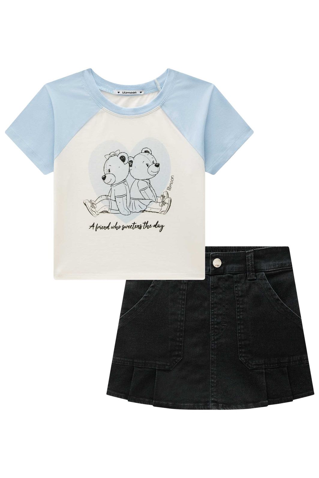 Conjunto de blusa em meia malha e short saia em jeans com elastano 95905 Lilimoon Teen Menina