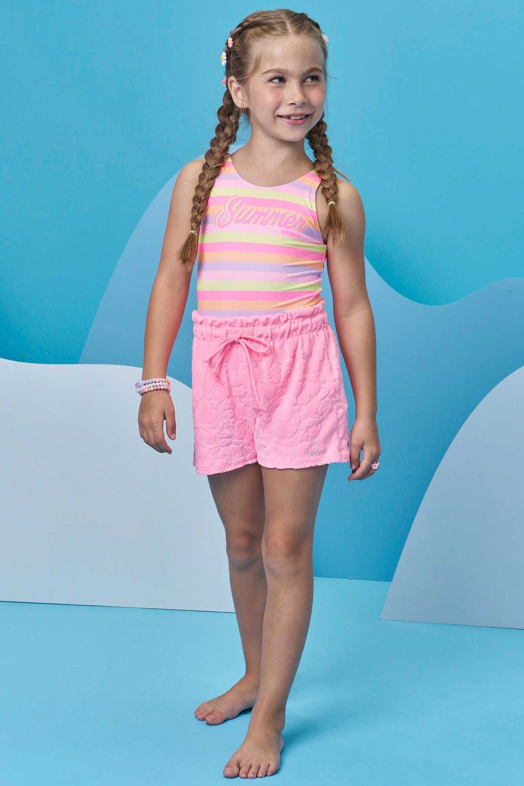 Conjunto de maiô em malha UV dry com proteção UV 50+ com shorts em malha atoalhada 96220 Infanti Infantil Menina Conjunto de maiô em malha UV dry com proteção UV 50+ com shorts em malha atoalhada 96220 Infanti Infantil Menina