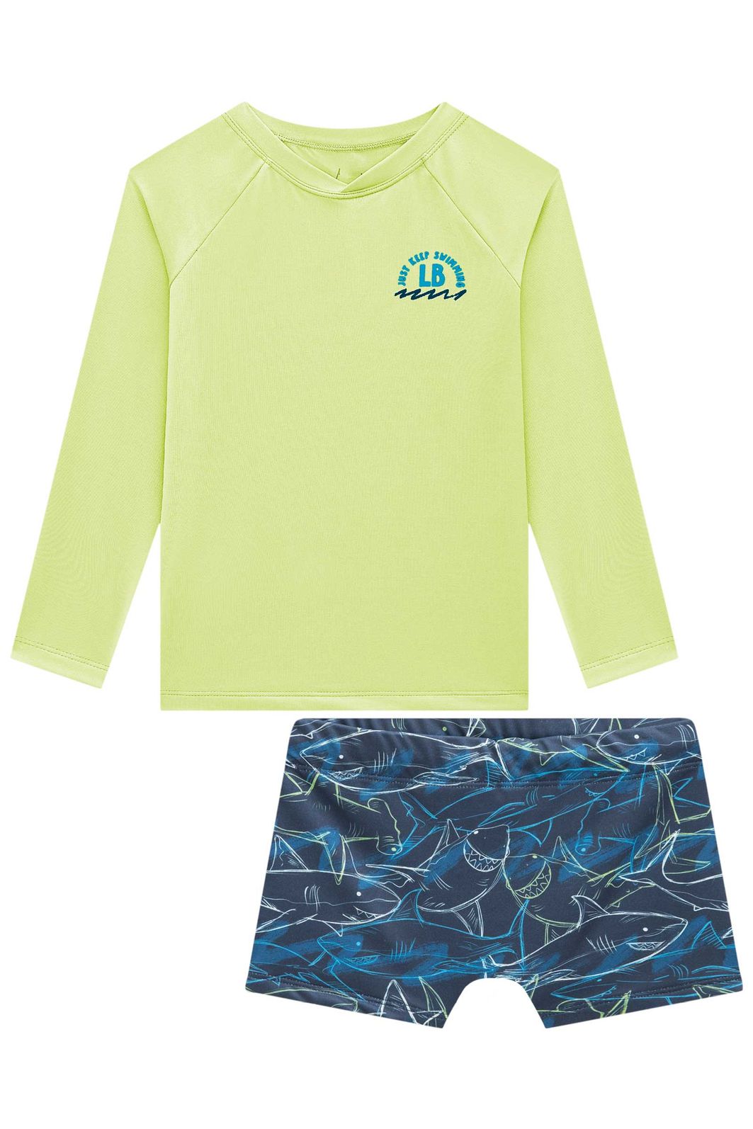 Conjunto de camiseta e sunga em malha UV dry com proteção UV50+ 96108 LucBoo Infantil Menino Conjunto de camiseta e sunga em malha UV dry com proteção UV50+ 96108 LucBoo Infantil Menino