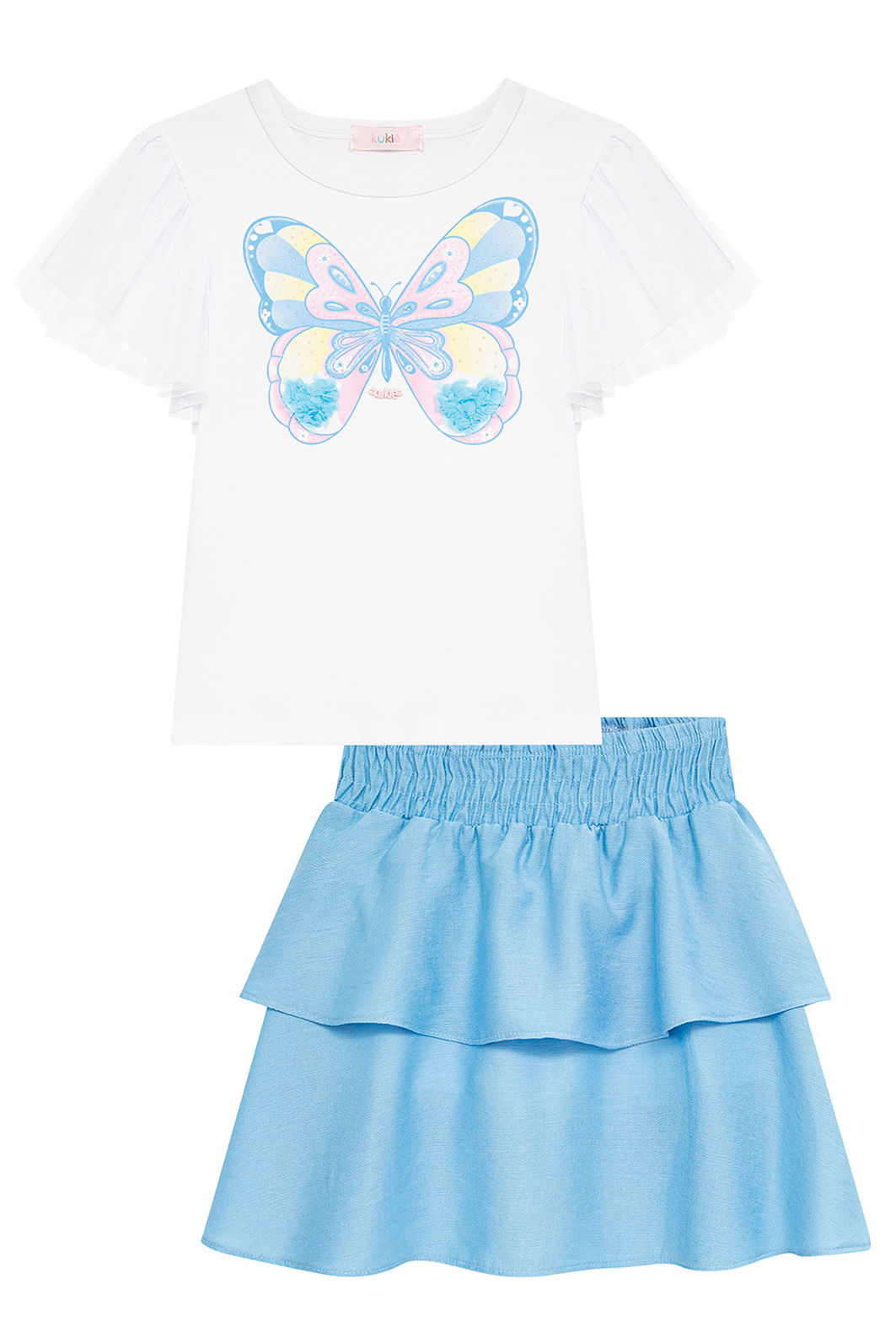 Conjunto de blusa em cotton e saia em viscose (com shorts embutido) 96682 Kukiê Infantil Menina Conjunto de blusa em cotton e saia em viscose (com shorts embutido) 96682 Kukiê Infantil Menina