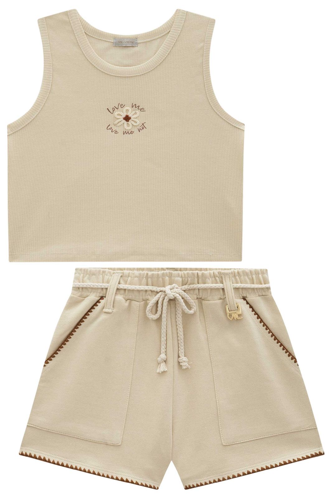 Conjunto de regata em canelado liz e shorts em moletom sem pelúcia 94420 Vic Teen Menina