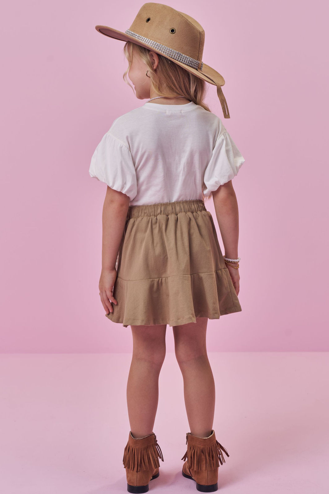 Conjunto de blusa em meia malha e saia em sarja com elastano (com shorts embutido) 99014 Kukiê Infantil Menina