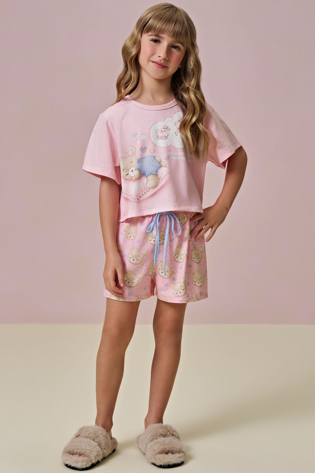 Conjunto de pijama de blusa em meia malha com shorts em malha comfy 95999 Infanti Infantil Menina Conjunto de pijama de blusa em meia malha com shorts em malha comfy 95999 Infanti Infantil Menina