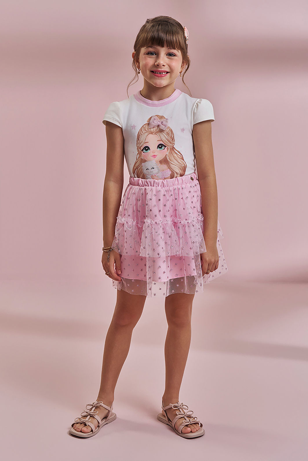 Conjunto de blusa em cotton e saia em tule glitter estrelas (com shorts embutido) 96790 Kukiê Infantil Menina Conjunto de blusa em cotton e saia em tule glitter estrelas (com shorts embutido) 96790 Kukiê Infantil Menina