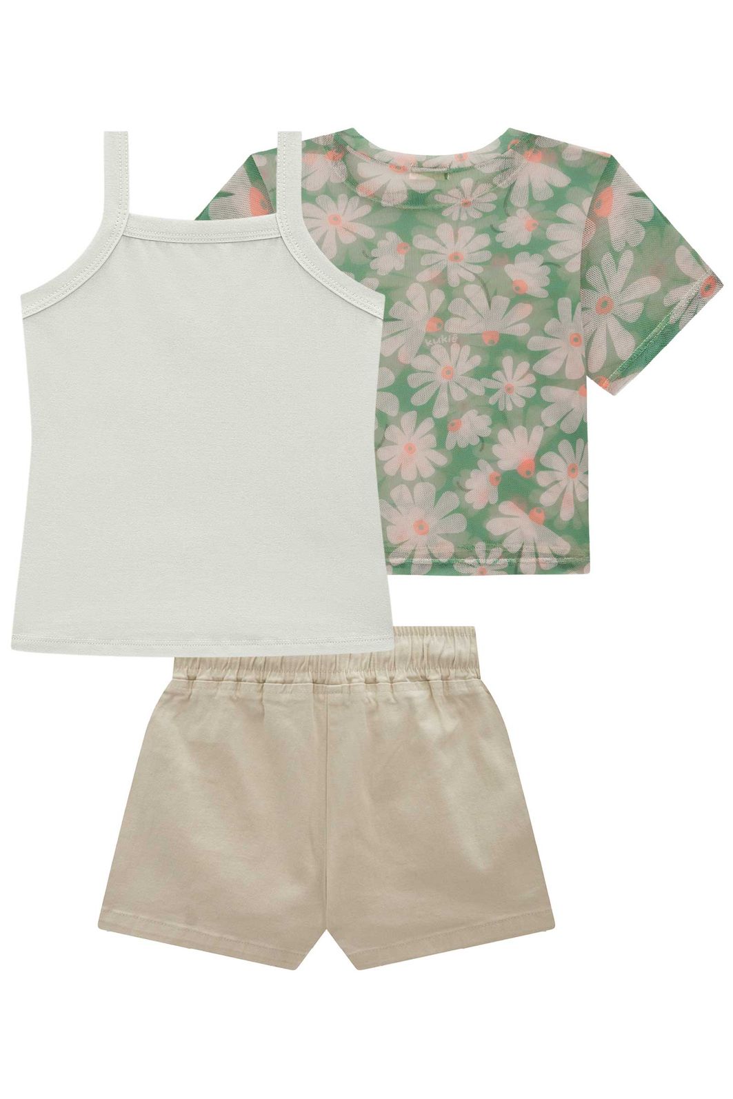 Trio de blusa em tule com elastano, regata em cotton e shorts em sarja com elastano 98744 Kukiê Infantil Menina Trio de blusa em tule com elastano, regata em cotton e shorts em sarja com elastano 98744 Kukiê Infantil Menina