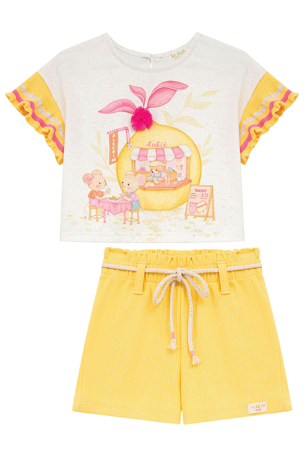 Conjunto de blusa em malha fresh e shorts em malha waffle 94799 Kukiê Infantil Menina Conjunto de blusa em malha fresh e shorts em malha waffle 94799 Kukiê Infantil Menina