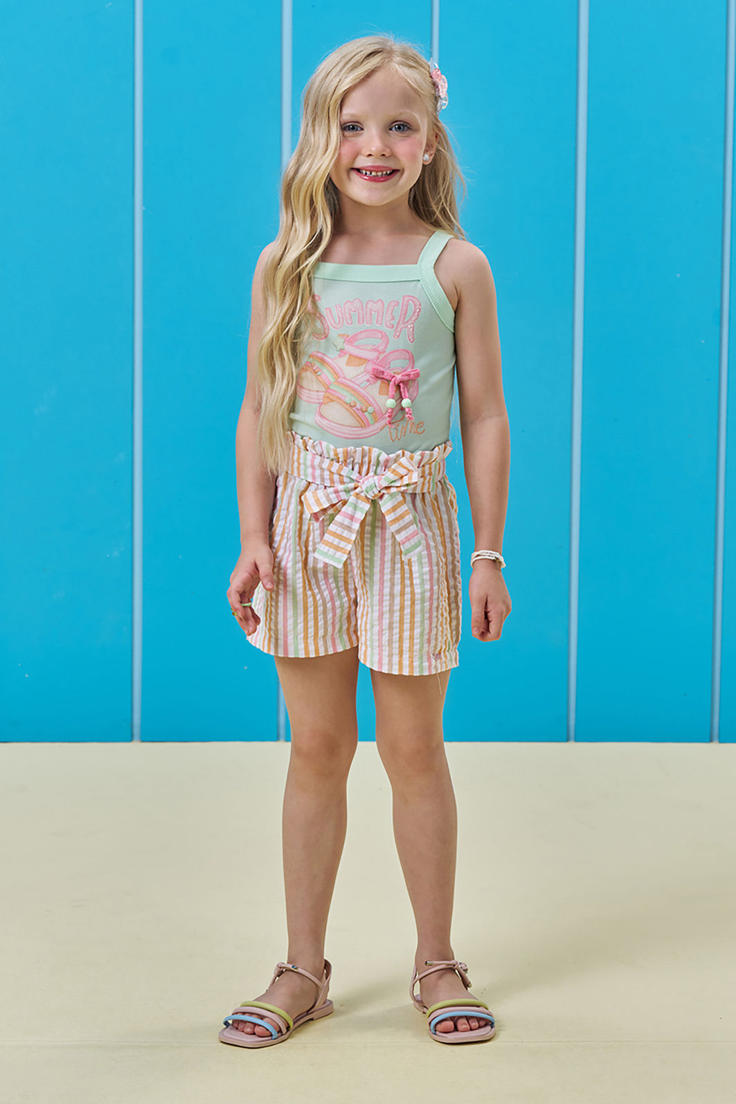 Conjunto de regata em canelado e shorts em tricoline listrado 96343 Kukiê Infantil Menina