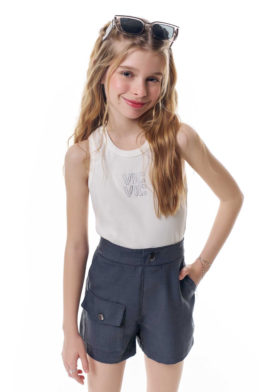 Conjunto de regata em canelado liz e shorts em alfaiataria premium melange 95951 Vic Teen Menina