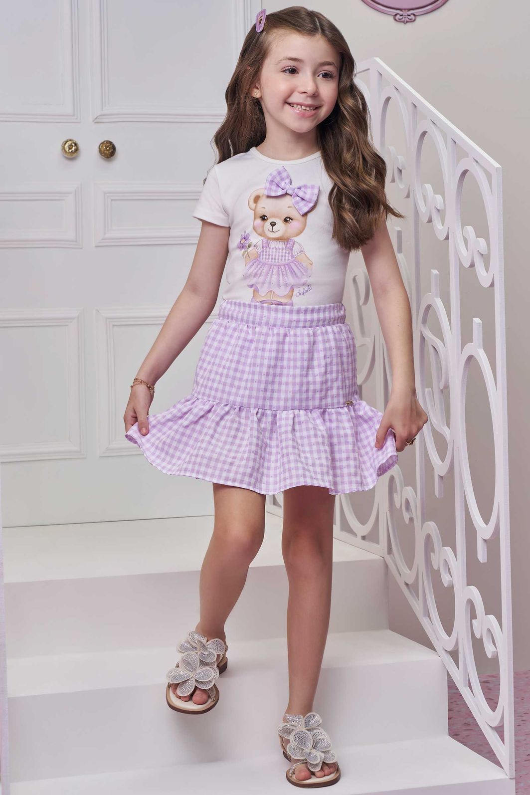 Conjunto de blusa em cotton com saia em tricoline vichy 
(com shorts embutido) 99215 Infanti Infantil Menina