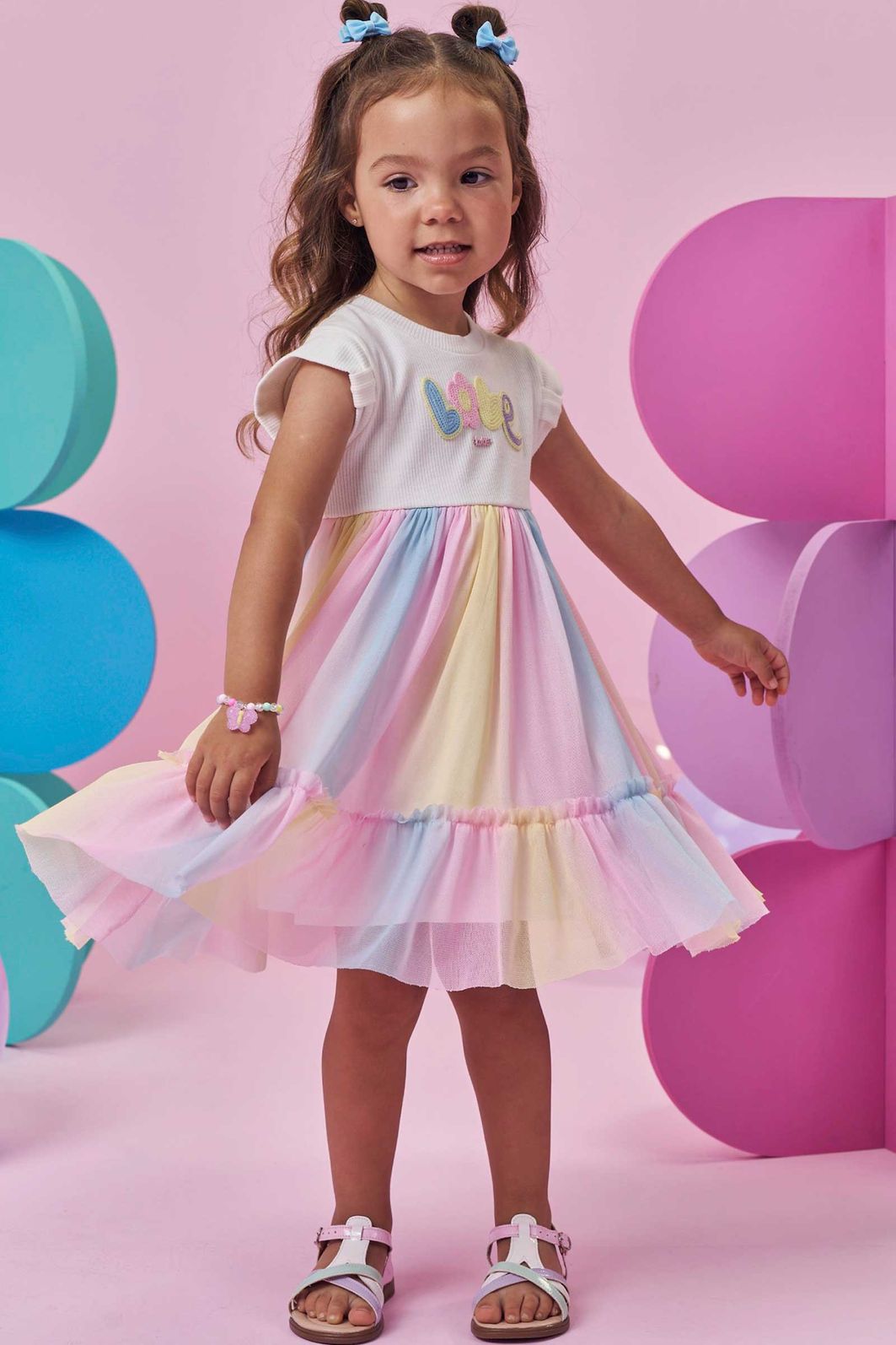 Vestido em canelado e tule com elastano 94949 Kukiê Infantil Menina Vestido em canelado e tule com elastano 94949 Kukiê Infantil Menina