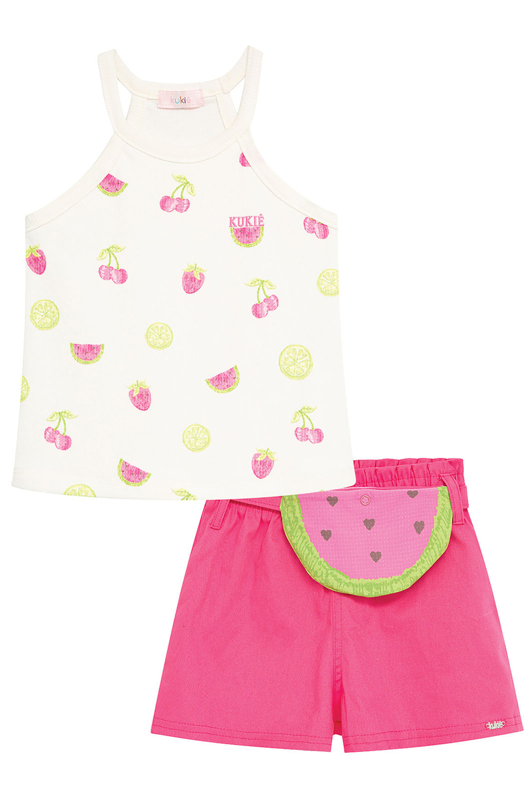 Conjunto de regata em canelado e shorts em sarja com elastano 96684 Kukiê Infantil Menina