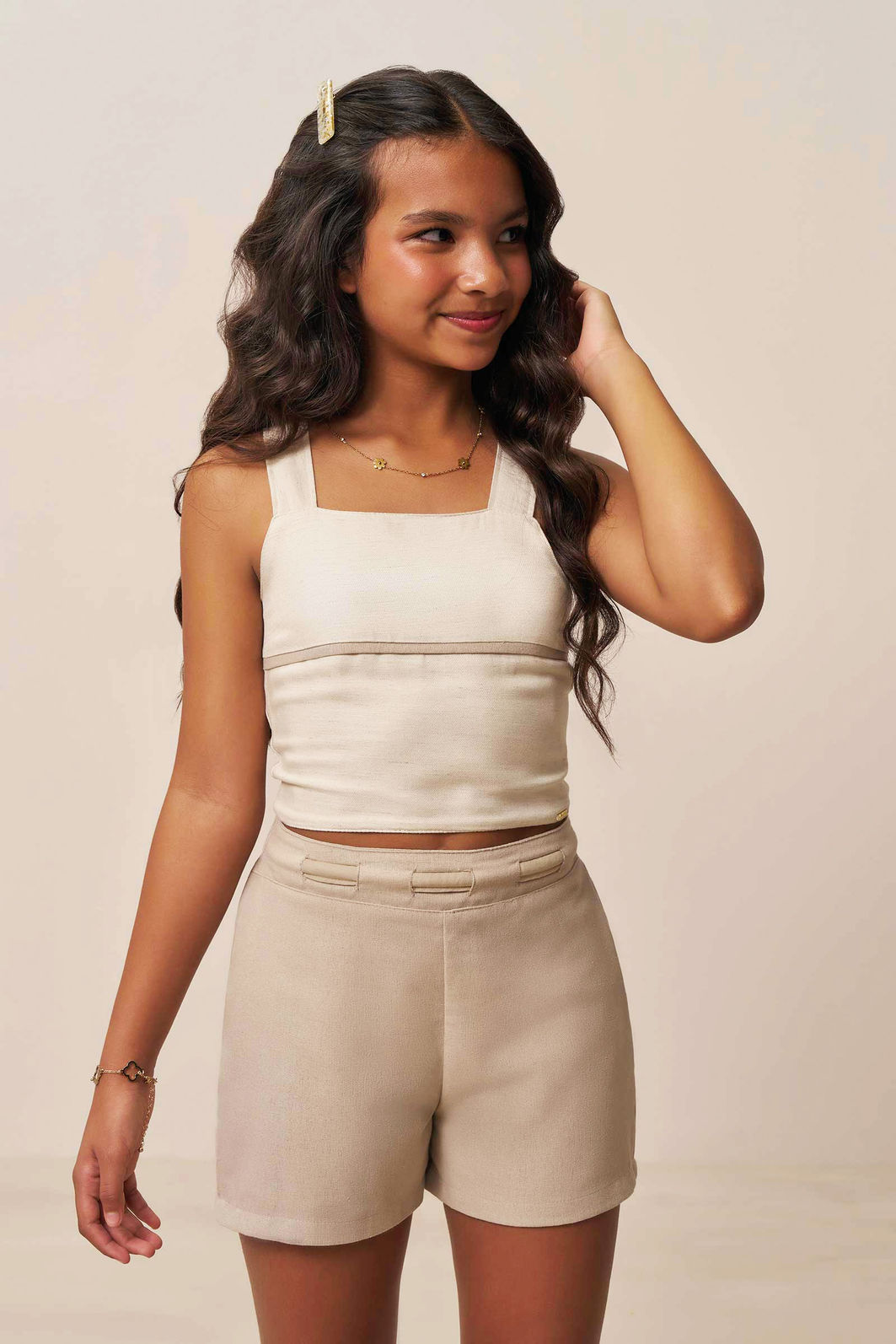 Conjunto de regata e shorts em blend de linho e viscose 96327 Vic Teen Menina Conjunto de regata e shorts em blend de linho e viscose 96327 Vic Teen Menina
