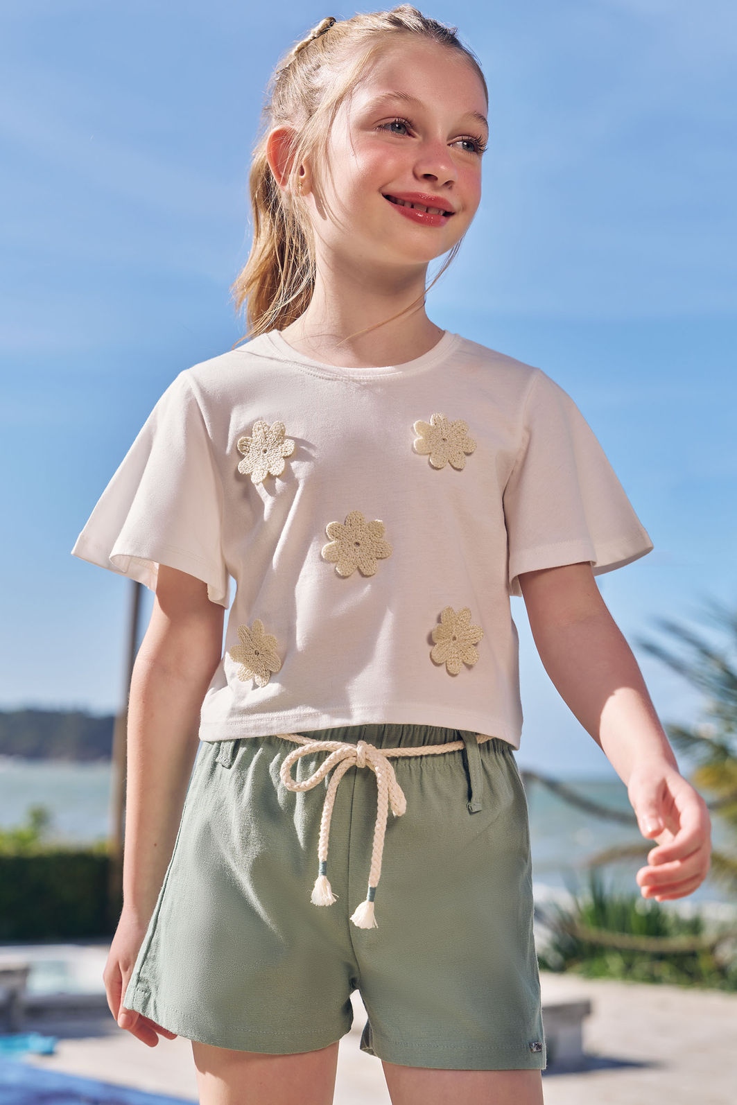 Conjunto de blusa em meia malha e shorts em linho com elastano 97539 Infanti Infantil Menina