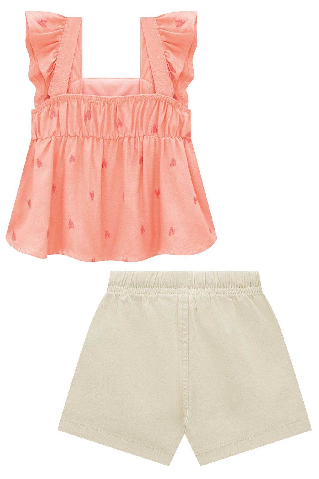 Conjunto de bata em linho bordado corações e shorts em sarja com elastano 96913 Infanti Infantil Menina