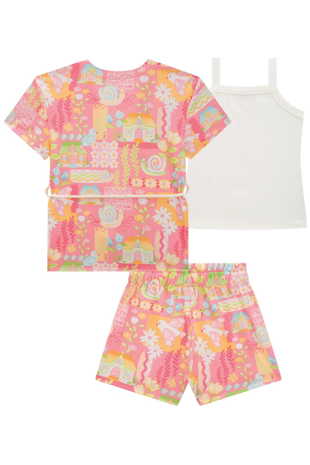 Trio de regata em canelado liz com sobreposição e shorts em malha fresh 96947 Infanti Infantil Menina