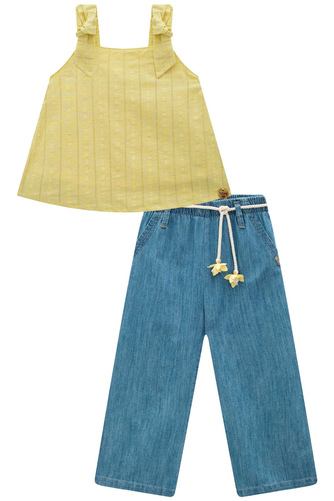 Conjunto de bata em blend de linho bordado com calça mariner em jeans 98883 Infanti Infantil Menina Conjunto de bata em blend de linho bordado com calça mariner em jeans 98883 Infanti Infantil Menina