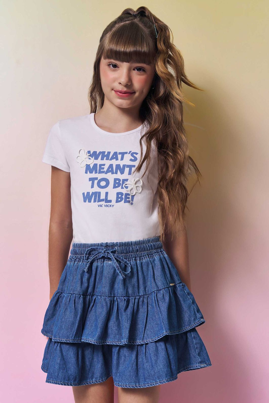 Blusa em cotton e saia em jeans com elastano 96905 Vic Teen Menina Blusa em cotton e saia em jeans com elastano 96905 Vic Teen Menina