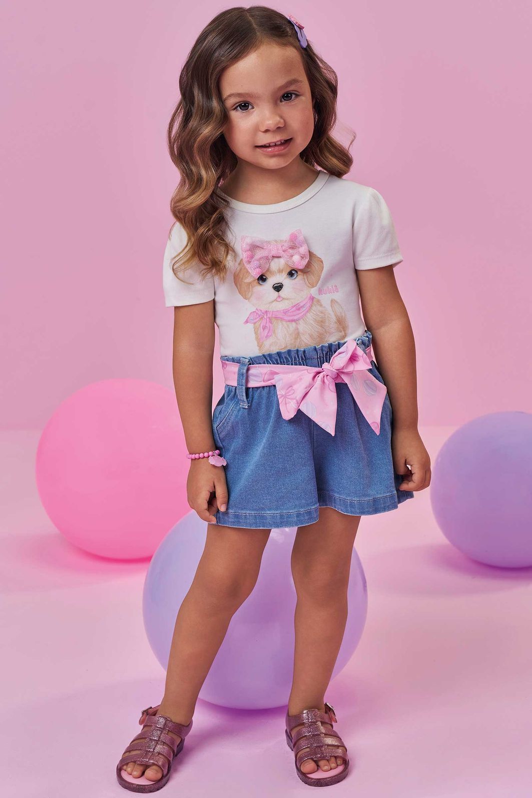 Conjunto de blusa em cotton e shorts em jeans com elastano 98302 Kukiê Infantil Menina Conjunto de blusa em cotton e shorts em jeans com elastano 98302 Kukiê Infantil Menina