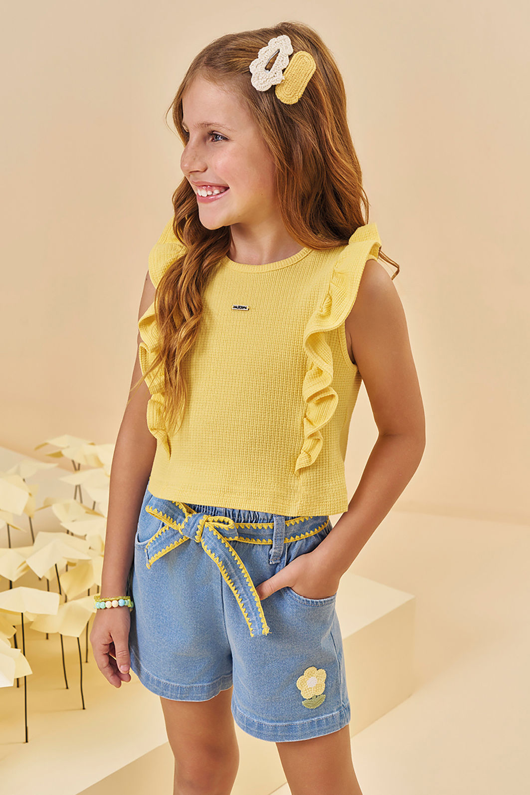 Conjunto de blusa em malha waffle e shorts em jeans com elastano 94796 Kukiê Infantil Menina Conjunto de blusa em malha waffle e shorts em jeans com elastano 94796 Kukiê Infantil Menina