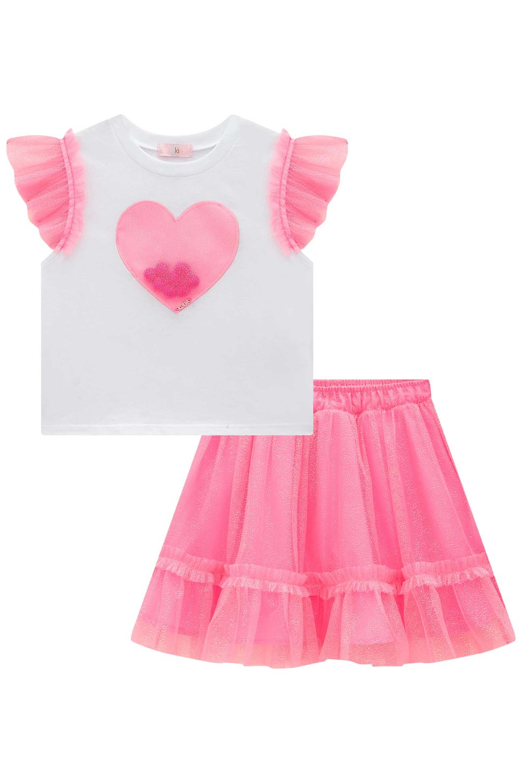 Conjunto de blusa em cotton e saia em tule (com shorts embutido) 99419 Kukiê Infantil Menina Conjunto de blusa em cotton e saia em tule (com shorts embutido) 99419 Kukiê Infantil Menina