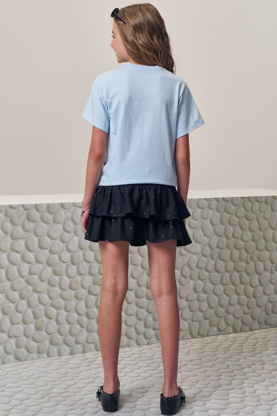 Saia ruffle em anarruga bordada paetê com shorts embutido 98166 Lilimoon Teen Menina