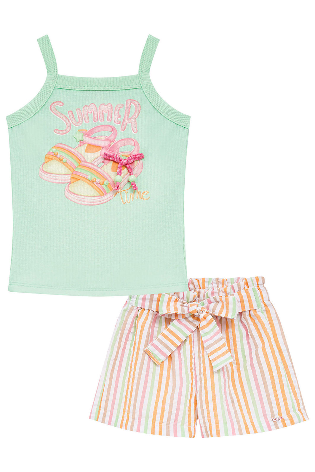 Conjunto de regata em canelado e shorts em tricoline listrado 96343 Kukiê Infantil Menina