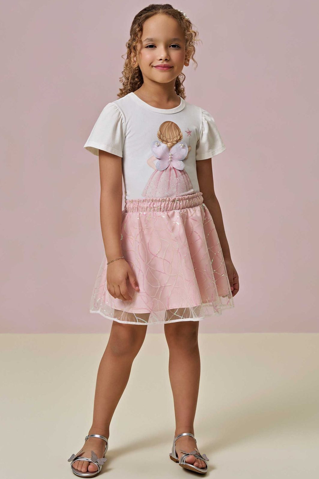 Conjunto de blusa em cotton e saia em tule paetê. Com shorts embutido 95863 Infanti Infantil Menina