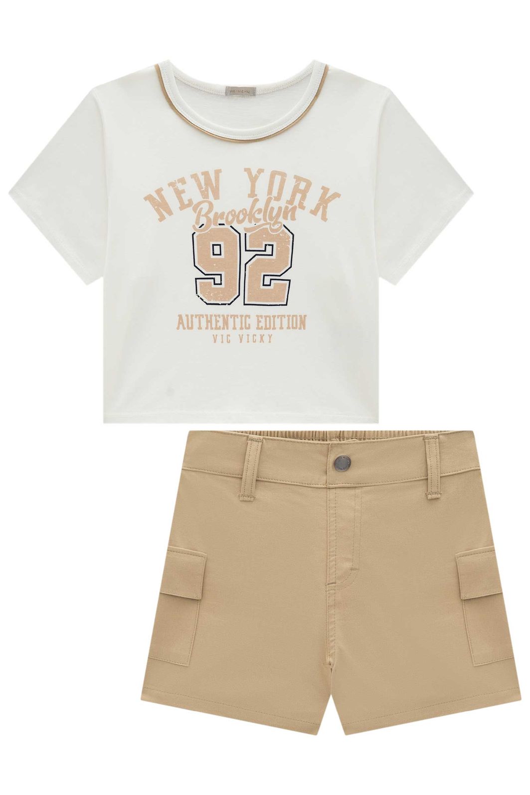 Conjunto de blusa em meia malha e shorts em sarja com elastano 95924 Vic Teen Menina Conjunto de blusa em meia malha e shorts em sarja com elastano 95924 Vic Teen Menina