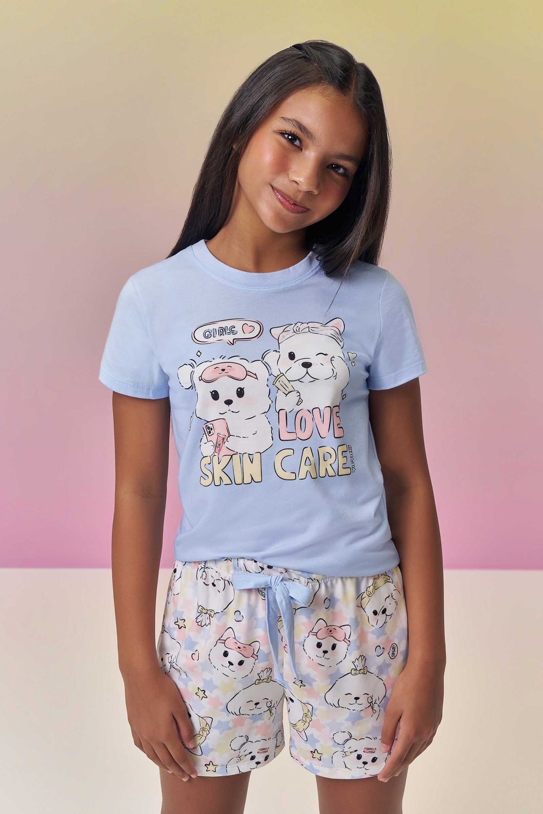 Conjunto de pijama com blusa em meia malha e shorts em malha fresh 95091 Vic Teen Menina Conjunto de pijama com blusa em meia malha e shorts em malha fresh 95091 Vic Teen Menina