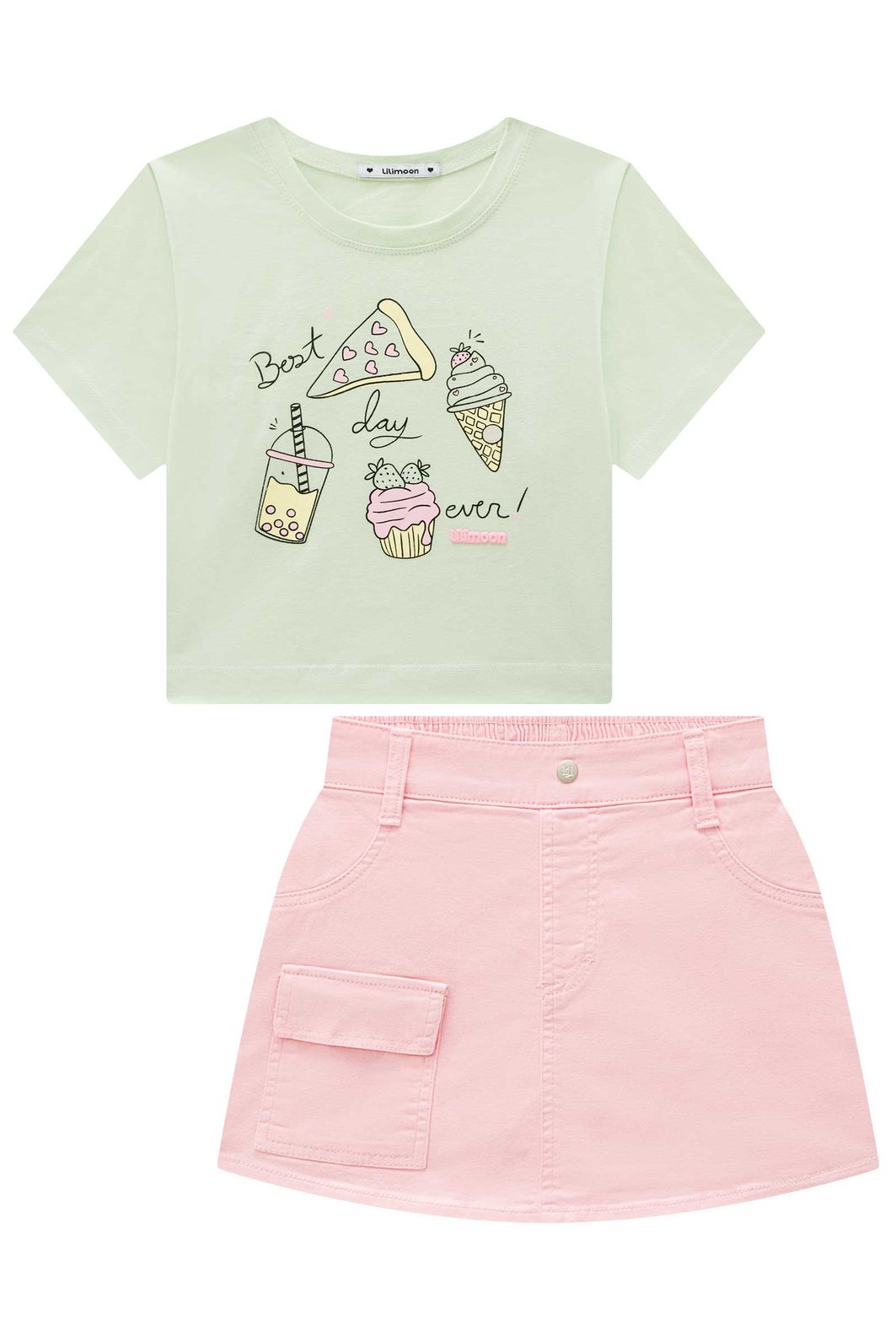Conjunto de blusa em meia malha e short saia em sarja com elastano 96313 Lilimoon Teen Menina Conjunto de blusa em meia malha e short saia em sarja com elastano 96313 Lilimoon Teen Menina