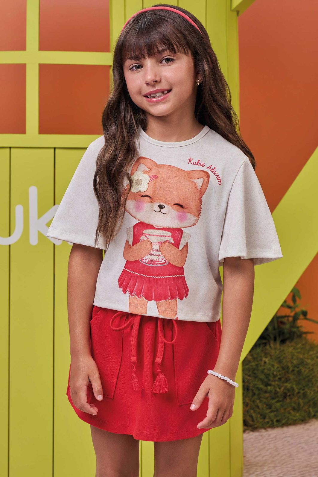 Conjunto de blusa em malha fresh e short saia em piquet 97991 Kukiê Infantil Menina