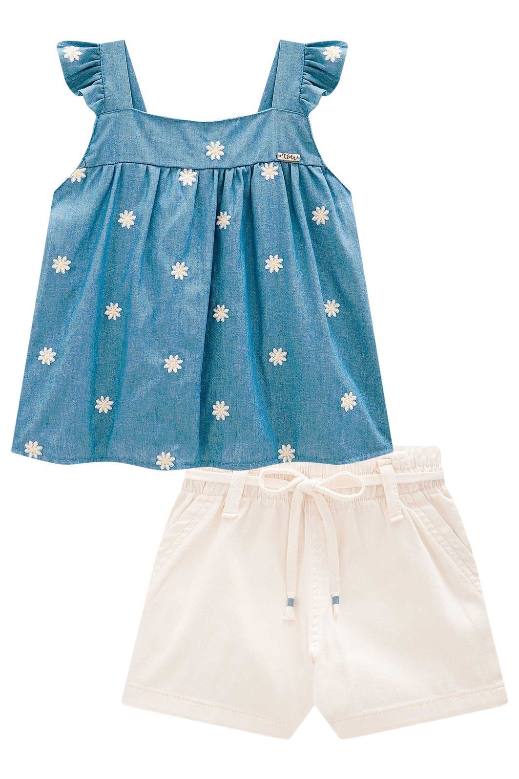 Conjunto de bata em denim bordado e shorts em sarja com elastano 98120 Infanti Infantil Menina