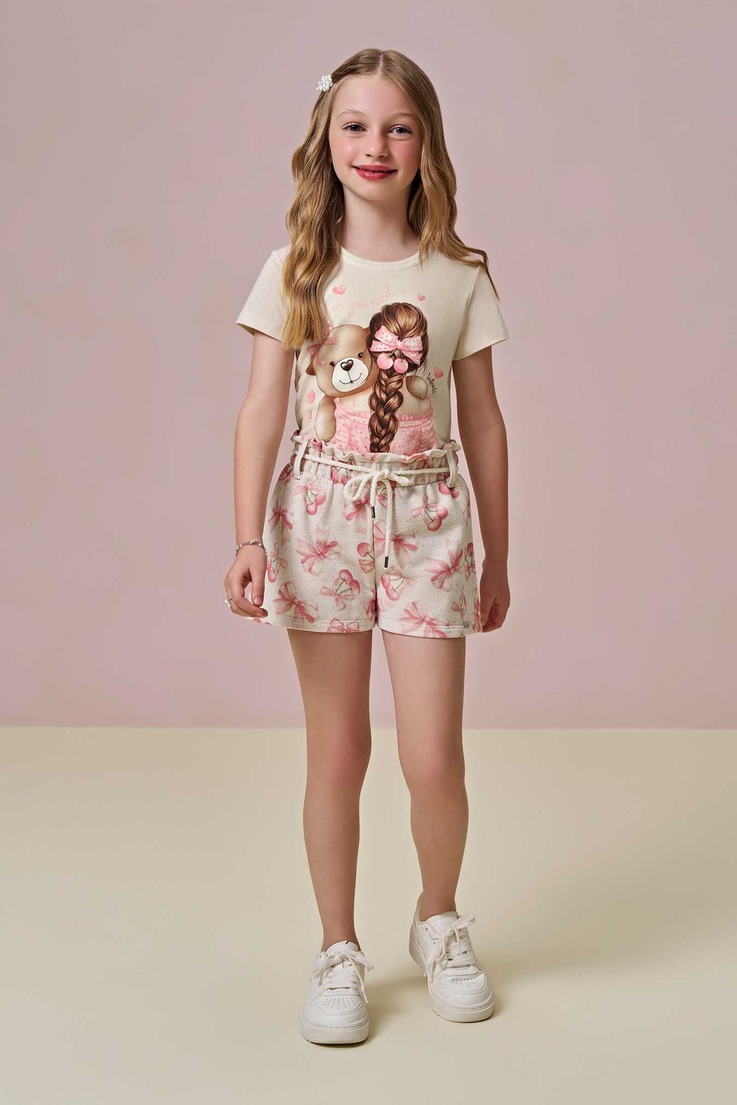 Conjunto de blusa em meia malha e shorts em moletom sem pelúcia 93393 Infanti Infantil Menina