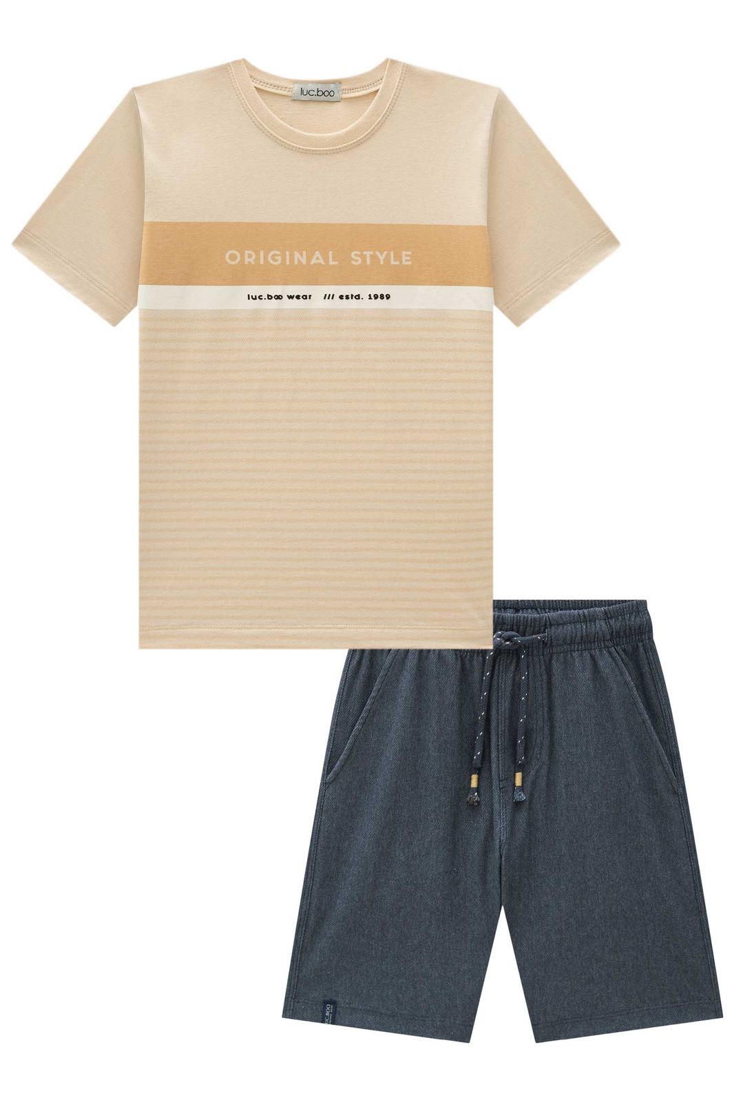 Conjunto de camiseta em meia malha e bermuda em cotton jeans com elastano 96976 LucBoo Infantil Menino Conjunto de camiseta em meia malha e bermuda em cotton jeans com elastano 96976 LucBoo Infantil Menino