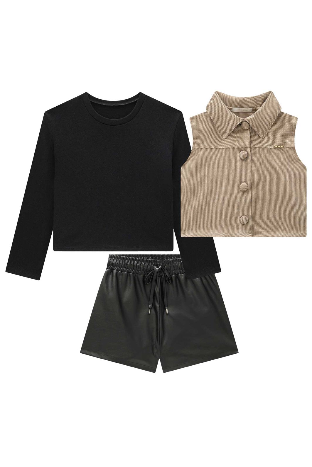 Trio de blusa boxy em ribana 1x1, shorts em couro sintético e colete em veludo cotelê gold 92014 Vic Teen Menina Trio de blusa boxy em ribana 1x1, shorts em couro sintético e colete em veludo cotelê gold 92014 Vic Teen Menina