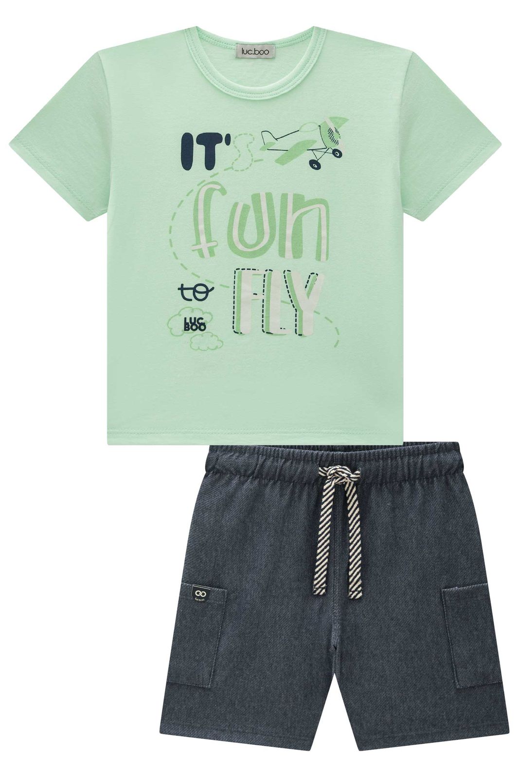 Conjunto de camiseta em meia malha e bermuda em cotton jeans com elastano 94556 LucBoo Infantil Menino Conjunto de camiseta em meia malha e bermuda em cotton jeans com elastano 94556 LucBoo Infantil Menino