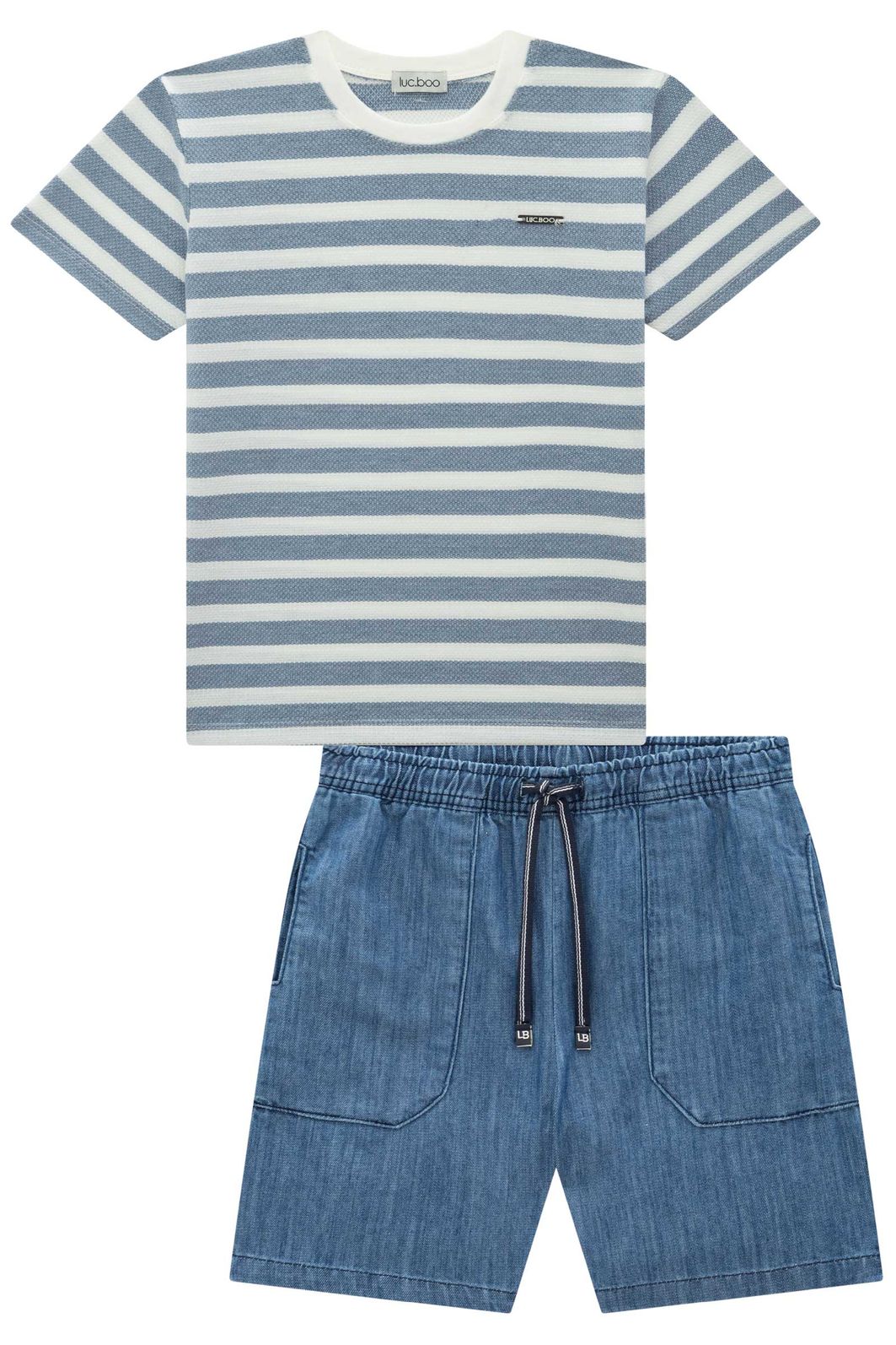 Conjunto de camiseta em malha brizza e bermuda em jeans benicio 96136 LucBoo Infantil Menino Conjunto de camiseta em malha brizza e bermuda em jeans benicio 96136 LucBoo Infantil Menino