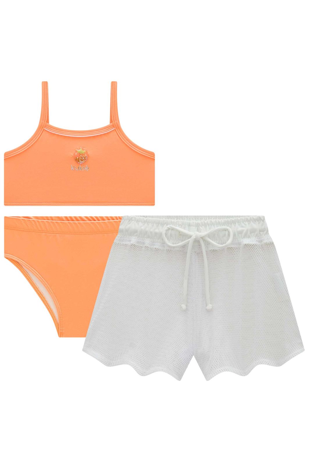 Trio de biquíni em malha com proteção UV50+ e short saída de praia em tela fashion 99117 Kukiê Infantil Menina Trio de biquíni em malha com proteção UV50+ e short saída de praia em tela fashion 99117 Kukiê Infantil Menina
