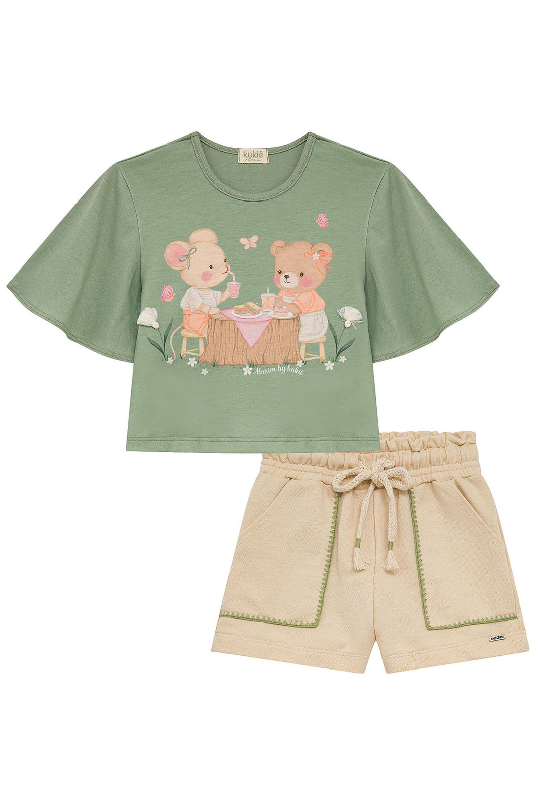 Conjunto de blusa em meia malha e shorts em moletom sem pelúcia 95070 Kukiê Infantil Menina