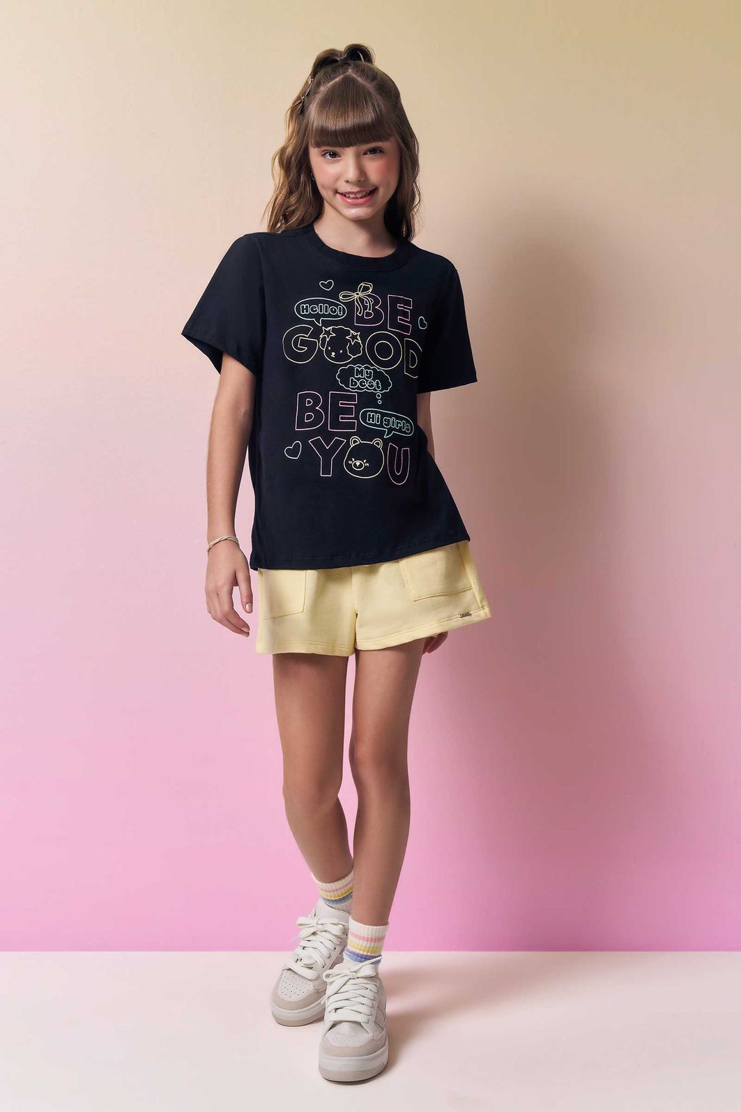 Conjunto de blusa em meia malha e shorts em moletom sem pelúcia 96985 Vic Teen Menina