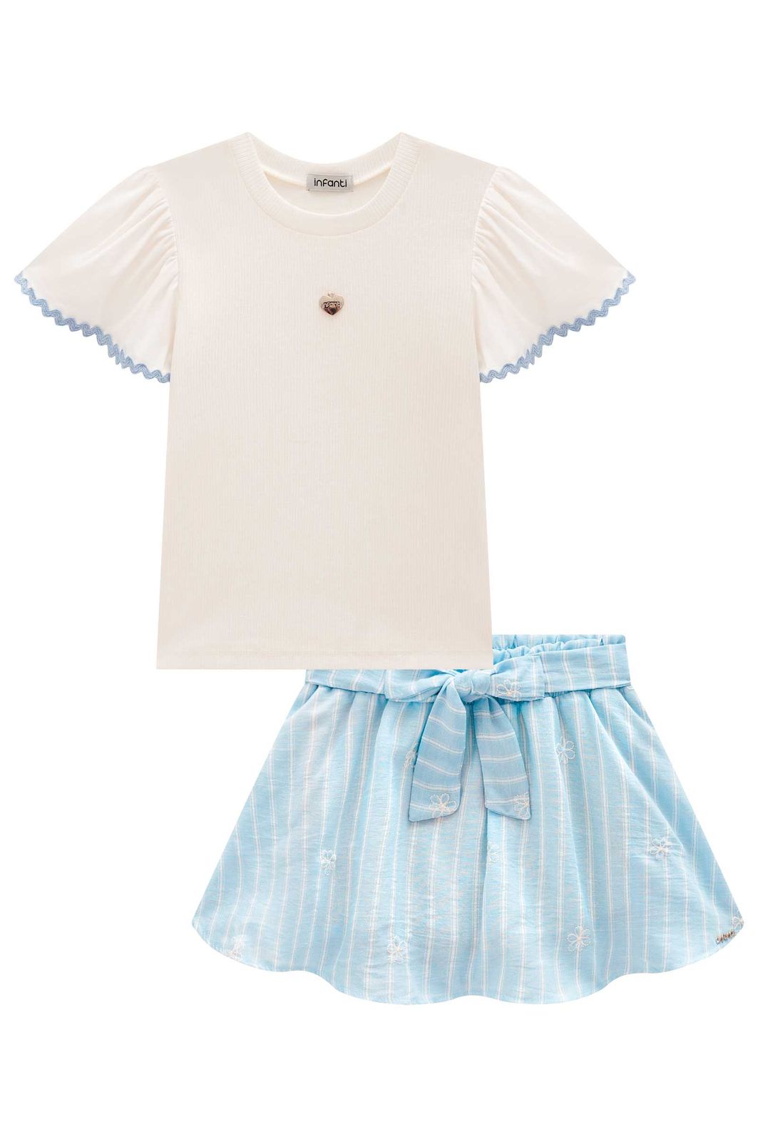 Conjunto de blusa em canelado e tricoline e saia em tecido listrado. Com shorts embutido 98361 Infanti Infantil Menina Conjunto de blusa em canelado e tricoline e saia em tecido listrado. Com shorts embutido 98361 Infanti Infantil Menina